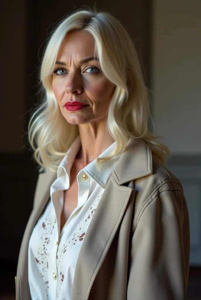 Woman 60 years old platinum blonde hair straight half hair very distinguished size blue eyes red lips. She wears a white lace shirt and a Chanel jacket.. He&#39;s not wearing pants. stiletto shoes. She's crying,  of foot,  In the center of a room . Distant...