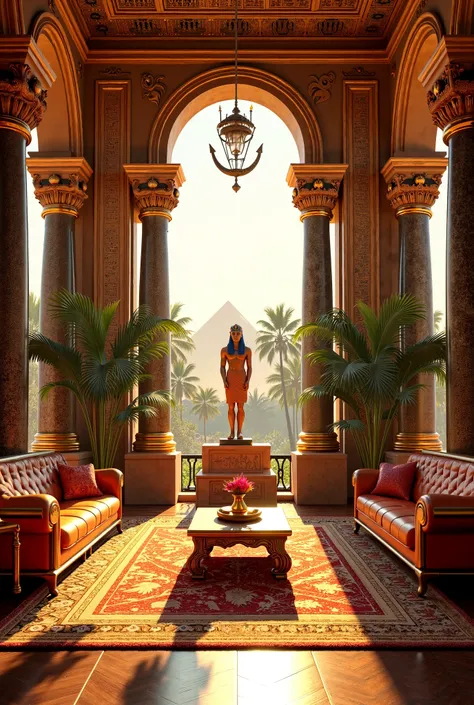 A living room decorated in Egyptian Pharahen style 