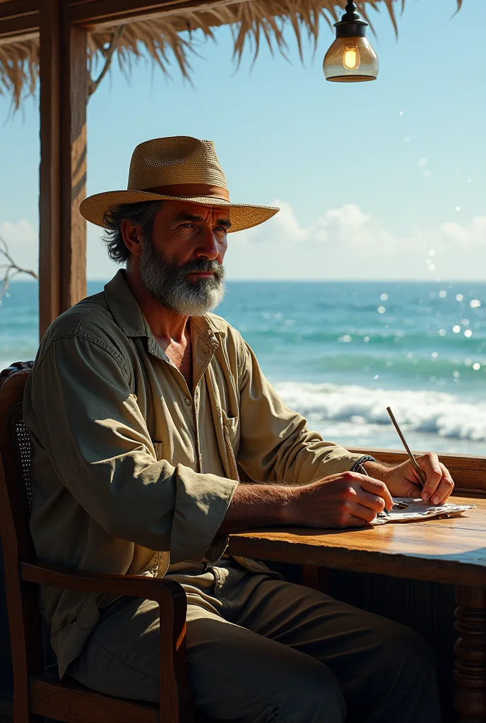 generate me a picture of a straw hat man  that his suit looks poor and simple seating in a overviewing restaurant with the sea in the view