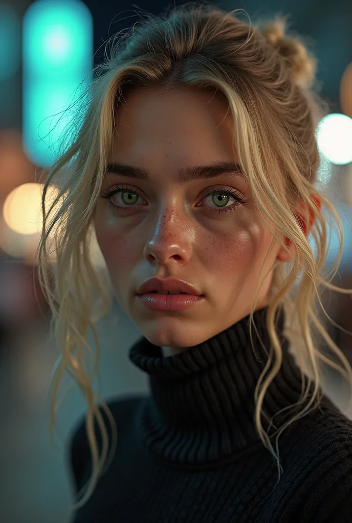 "A highly detailed, ultra-realistic 4K portrait of a person with lifelike skin texture, natural imperfections, and expressive eyes. The subject is a young adult with deep grean eyes, long tousled blond  hair, and a strong jawline. Soft lighting enhances th...