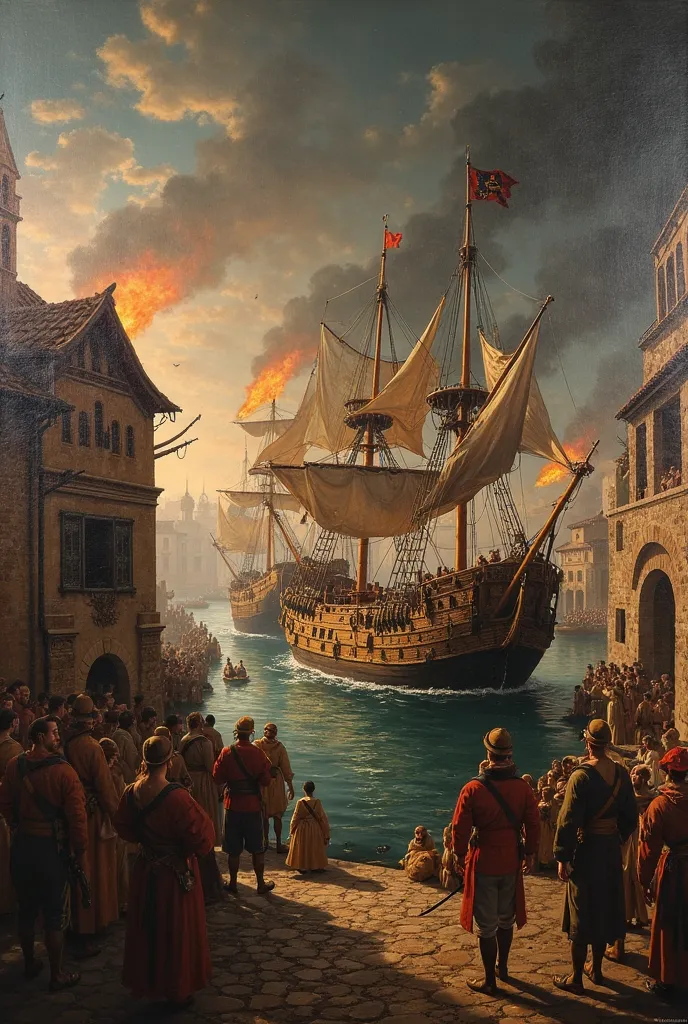 classical painting, renascentista antiga mostrando uma war em vila portuária, war, pirate ships, ancient Renaissance bay, houses on fire, Show some frightened faces in a panicked ancient Renaissance