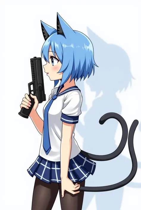   illustration,  character profile,   a girl, Alone ,  Blue Hair/  Blue Hair claro, cat ears,  with gun 