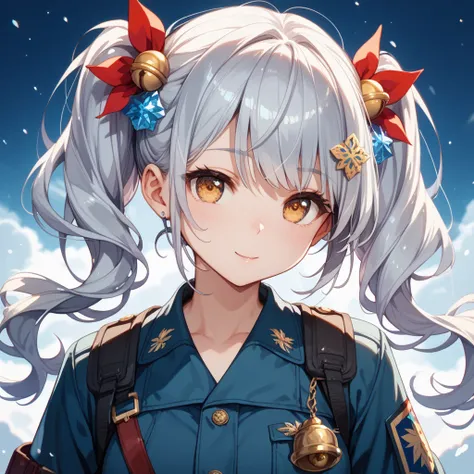 one girl、 Silver Hair、twin tails from above、bell hair ornament、 golden eyes、cute、Military cold protection、front、cold weather background