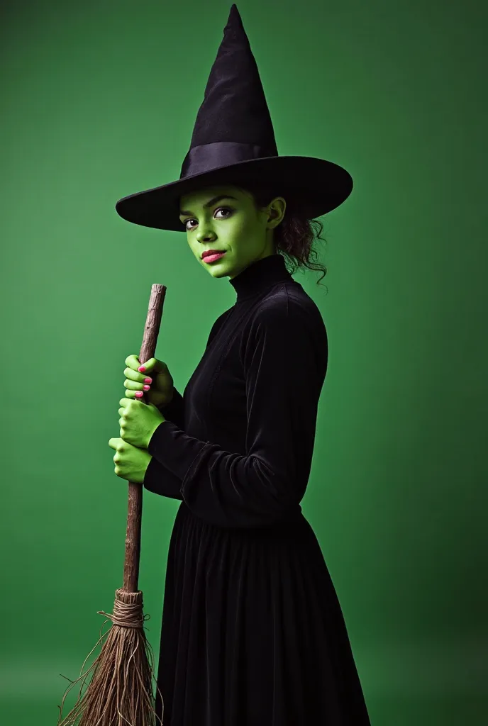 um menino tipo a elphaba de wicked, he's green and he has a broom in his hand, and I'm wearing a black hat like witches, e a cara dhe has to be on the side de forma que o rosto dele não apareça, he has to be on the side, And his green background