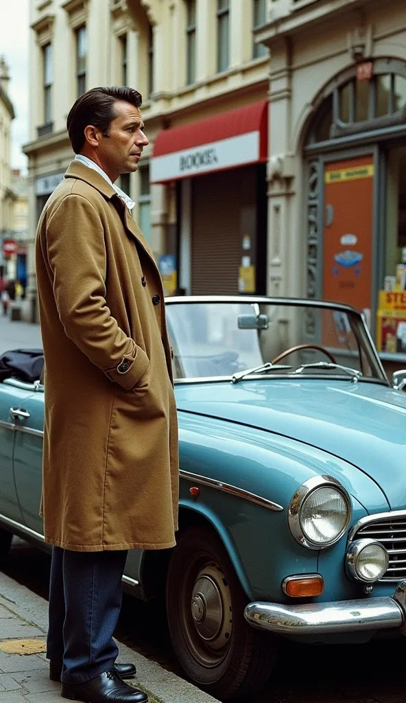 US TV drama promotional posters、Detective Columbo、Stand beside a dull blue ragged 1959 Peugeot 403 convertible、Vintage Car、 unkempt hair、 twirl、The brown trench coat of the dragonfly car 