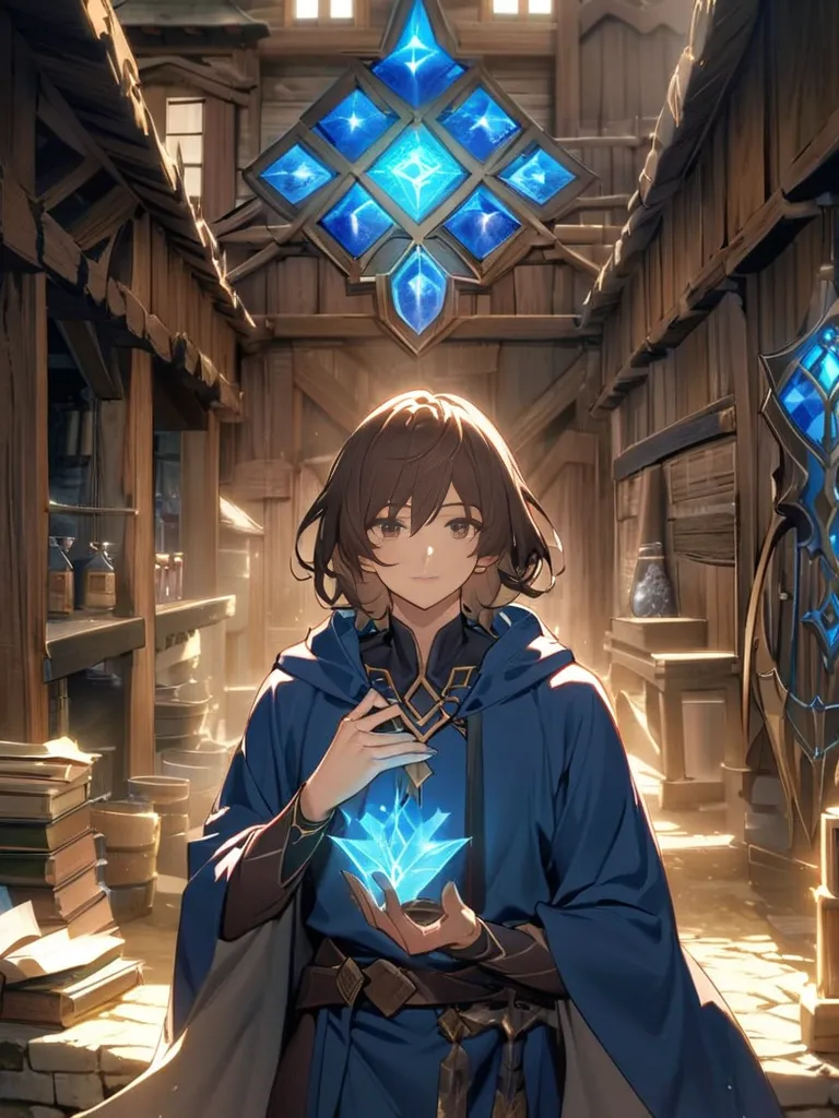 A middle-age human wizard with light brown skin stands confidently in a rural village, his expression warm and friendly. He have a looks like  He wears a simple yet elegant blue robe, adorned with self-drawn Abjuration runes in black ink. His hooded cloak ...