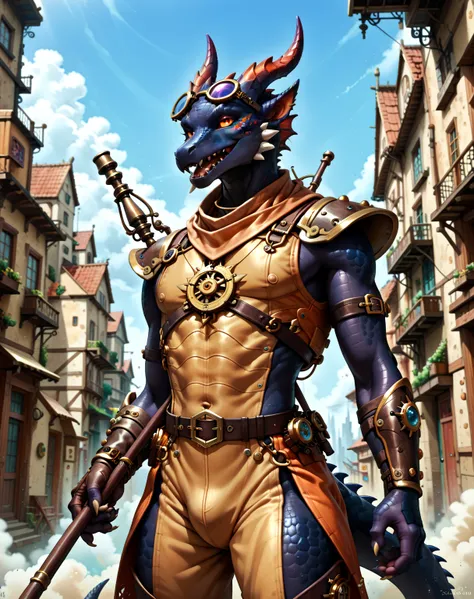  Little Black kobold, black skin, goblin stud, evil kobold, tail, furry cobold, full bodu, yellow eyes, hair flap top, black dragon scales, pilot glasses with round lenses on his head, Dressed in armor , military uniform,  steampunk, holds a large staff ab...