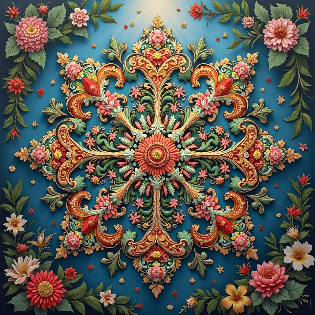 a very detailed mandala, UHD,  hyperrealistic ,  oil painting , symmetrical,  Colorful , ornamentation, natural scenery,  Detailed Height , Intricate ornament , komposisi symmetrical, bright colorful, dramatic lighting, oil paint effect, masterpiece, UHD, ...