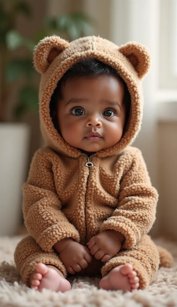 **"An ultra realistic black-skinned baby, with delicate features and soft skin, wearing an adorable little bear outfit made of fuzzy fabric in shades of brown. The costume features a hoodie with round ears, cute little paws in the hands and a small tail on...