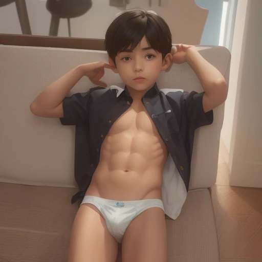 A  boy aged 10 wears a pair of underpants in one crotch., as real