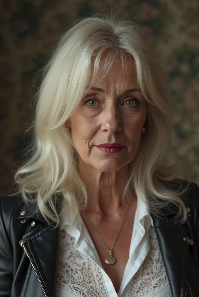 Photorealistic 8K photographic quality. Women's skin has to have all the details. Woman 60 years old platinum blonde hair straight half hair very distinguished size blue eyes red lips. She wears a white lace shirt and a Chanel jacket.. He&#39;s not wearing...