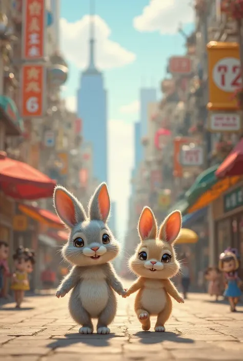 A rabbit walking in a city with his wife