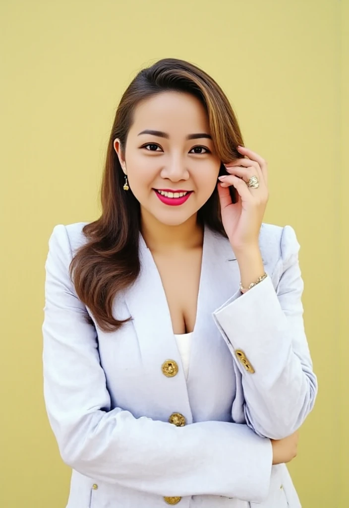 chrysanthemum,  This photo shows a smiling woman wearing a stylish white blazer with gold buttons.. she is long, flowing dark brown hair frames her face, add a soft feel and easy to reach. A warm beige background enhances her bright and cheerful complexion...