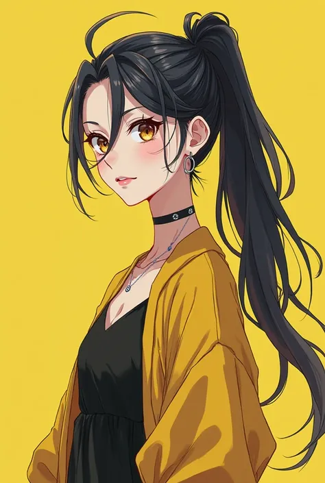 Drawn in Japanese anime style. Young ISTP with long hair tied in a ponytail behind, wearing a yellow and black dress, wearing silver hoop earrings. Cool and handsome style, but with a latent pure transparency. 