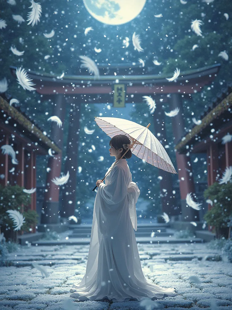 White feathers are pouring down like snow from the sky、Japanese shrine maiden holding an umbrella、night、moon、Mysterious、 20 million pixel photo 、 Ukiyo-e style