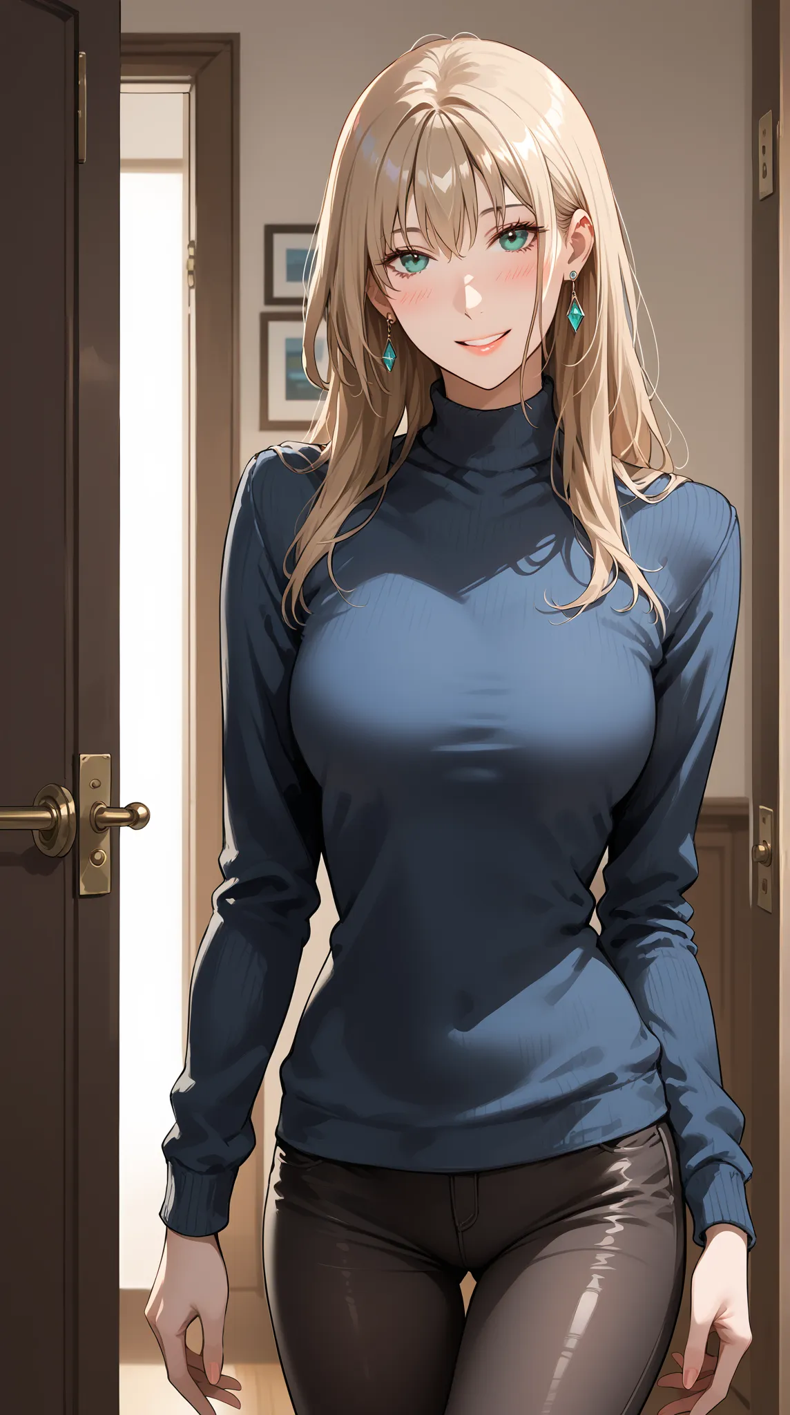 1girl, medium breasts, slightly blushing, gentle smile, young adult woman, earrings, black sweater, thin fabric, tight pants, look at viewer, opening the door for me, at home