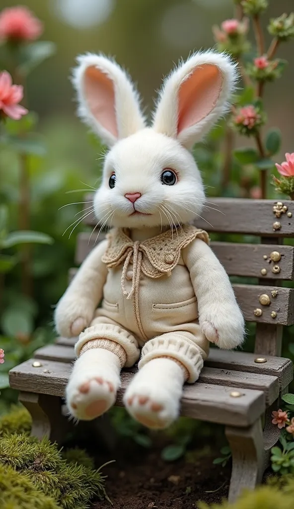 , a white rabbit doll,, on a wooden bench,,In a miniature garden