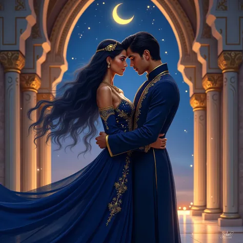 ELEGANT YOUNG ARAB COUPLE, WITH ARABES IN SHADES OF NAVY BLUE AND WITH GOLD DETAILS, IN AN ARABIAN NOCTURNAL ENVIRONMENT 