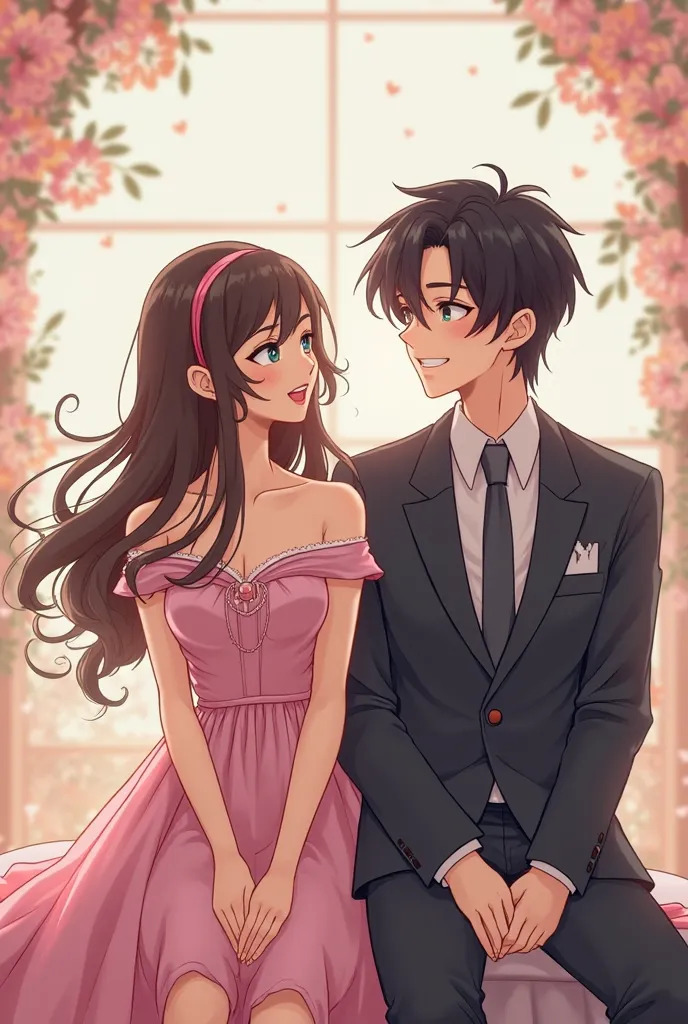 make anime couple. the girl have long hair and pink dress, meanwhile the boy have a kpop idol black wavy hair. make them like a model. make they sit and smile happyly beside each other. the girl laugh and the boy look at her and smile looking at her laugh....