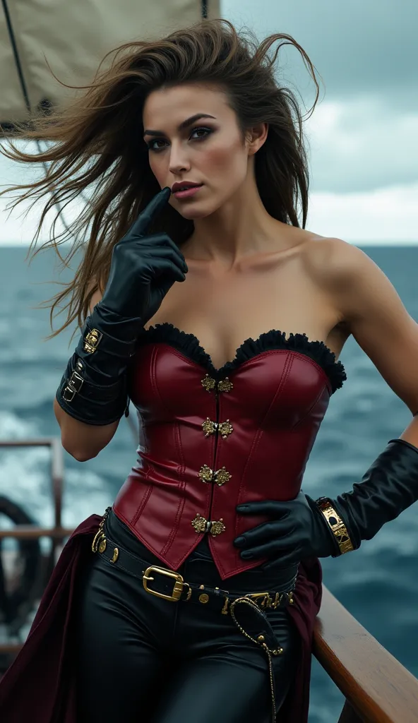 Best quality, 4k, 8k, masterpiece, photorealistic, photo-realistic, ultra-detailed, hyper-realistic, cinematic lighting, dramatic contrast. A stunning and commanding pirate captain woman, standing on a pirate ship with unshakable confidence against the bac...