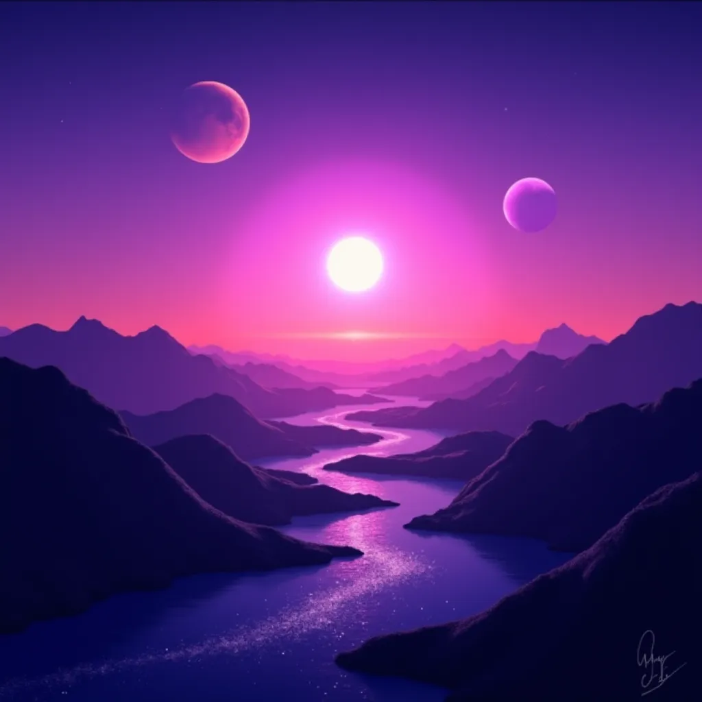 /imagine prompt: A serene landscape at twilight featuring a natural satellite rising in the sky, casting a silver light over the scenery. Two suns set on the horizon, creating a beautiful, colorful sunset. In the distance, a zigzagging river sparkles with ...