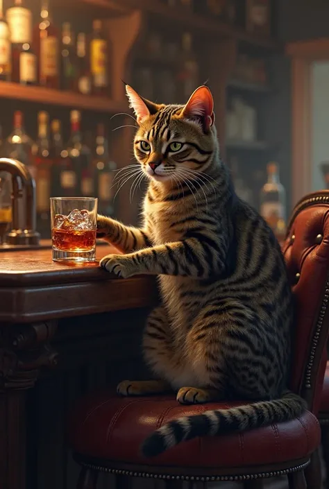 Cat drinking whiskey at a bar