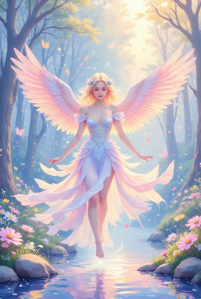 ultra detailed, absolutely resolution, masterpiece, , when the beautiful goddess flaps her wings, countless fluffy feathers rain down from the sky and she transforms into an angel, fairytale fantasy wonderland worldview, various iridescent foggy glitter ef...