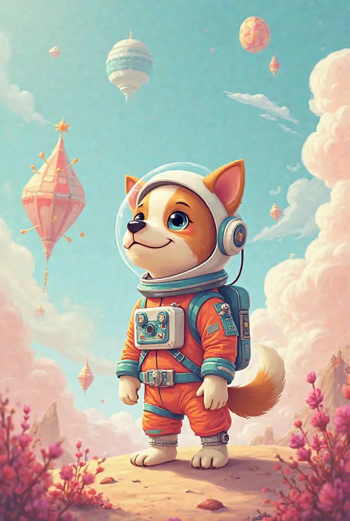 A cartoon-style astronaut dog, pastel colors and a special background 