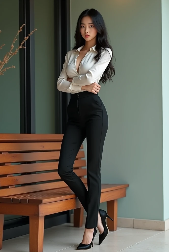 Realistic full-body image of a very beautiful and sexy woman, large breasts, Asian, medium-length hair, wearing a white blouse and a black women's suit with black pants, paired with black high-heeled shoes, standing next to a bench with one foot resting on...