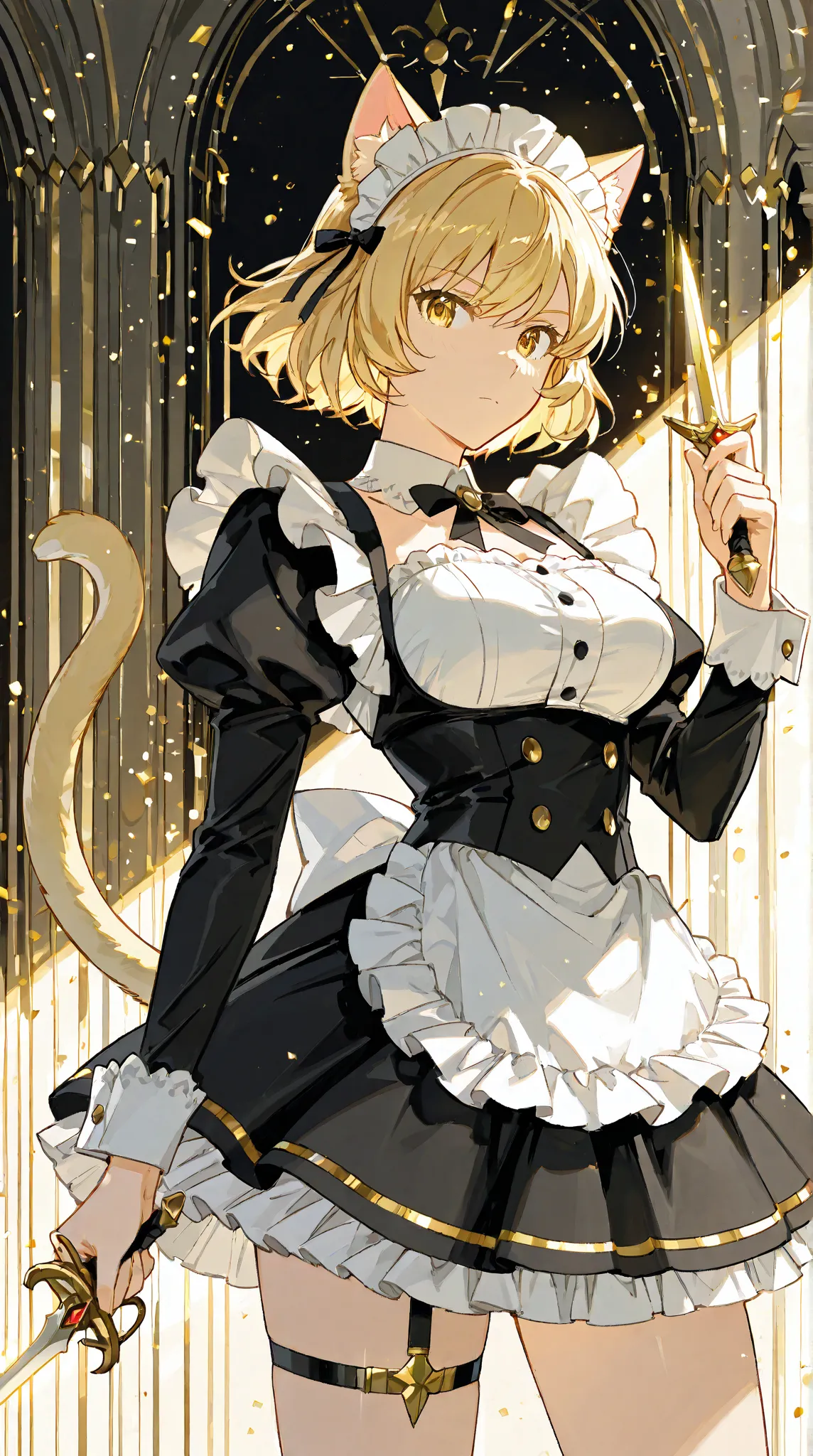 "A fierce yet elegant catgirl maid in her mid-20s, with golden blonde hair and sharp golden eyes glowing with determination. She wears a refined black and white maid uniform with gold accents, slightly modified for agility. In her hands, she holds a dagger...