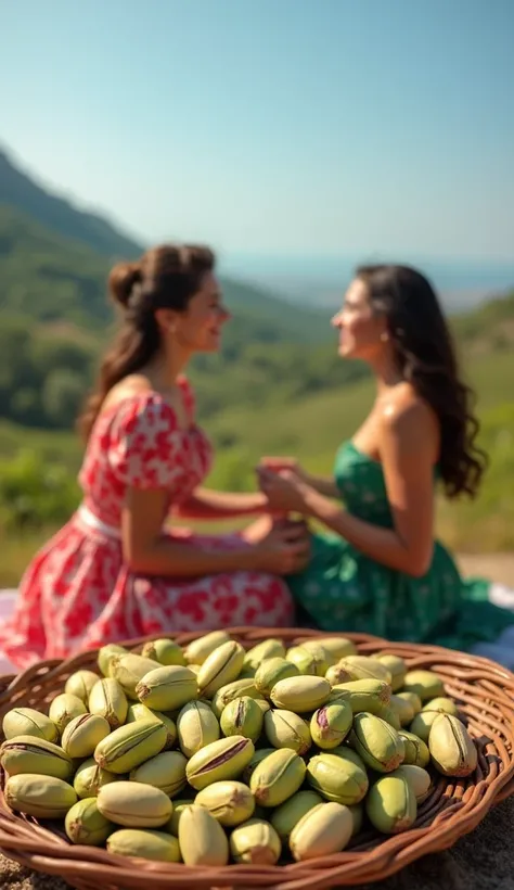 Extremely detailed 8k, Realistic lighting, beautiful detailed glow Bronte pistachios with a stunning green color with a light brown creamy shell, pistachios are quite small, 2 charming Italian ladies are having a pick nick in the Sicilian country side.