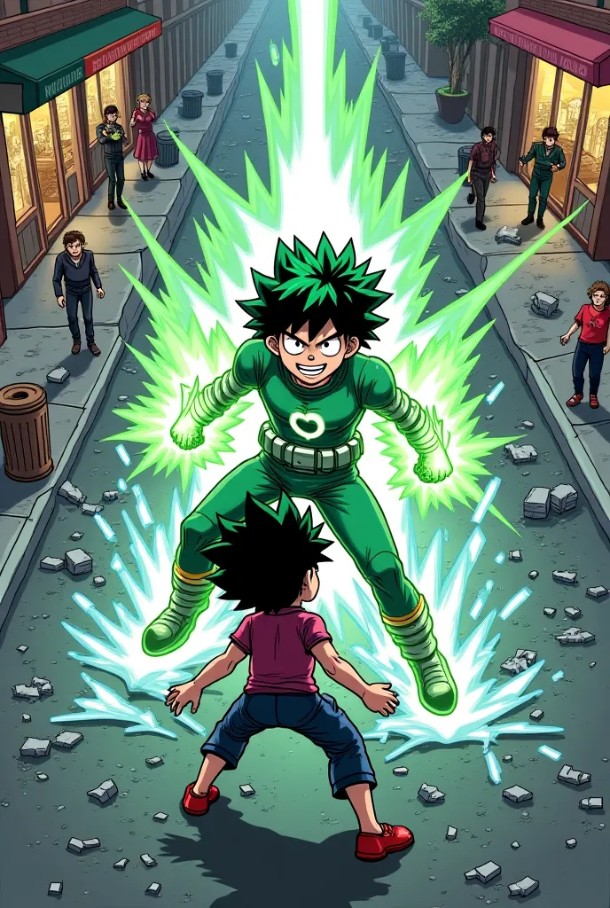 "Izuku Midoriya (Deku), intense street fight, confronting a villain with water powers, urban setting, shattered asphalt, cracked sidewalks, overturned garbage cans, debris scattered, parked cars with dented doors, broken windows, water gushing from villain...