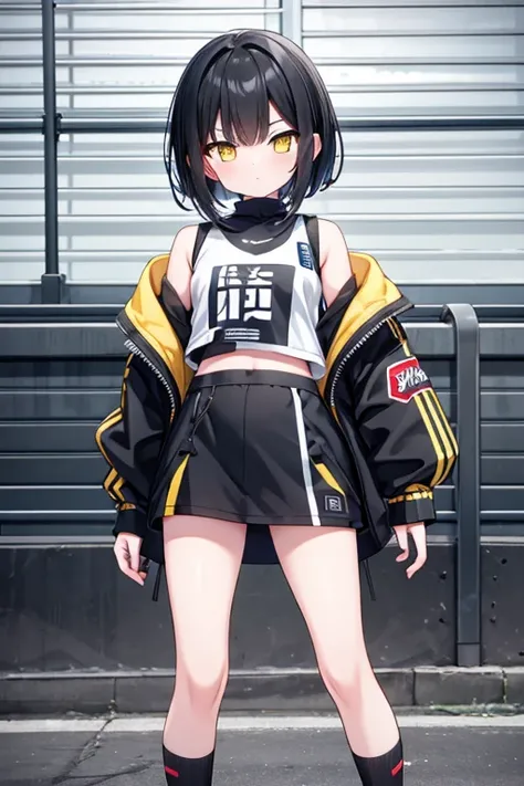  High Resolution,  boyish,   1 girl,  black hair, Sporty shortcuts,   asymmetrical hairstyle  ,  Asymmetrical bangs,   yellow eyes,  There are three circles in the middle of the eye,  Skater Style Street Fashion, slightly oversized bottoms, standing, futan...