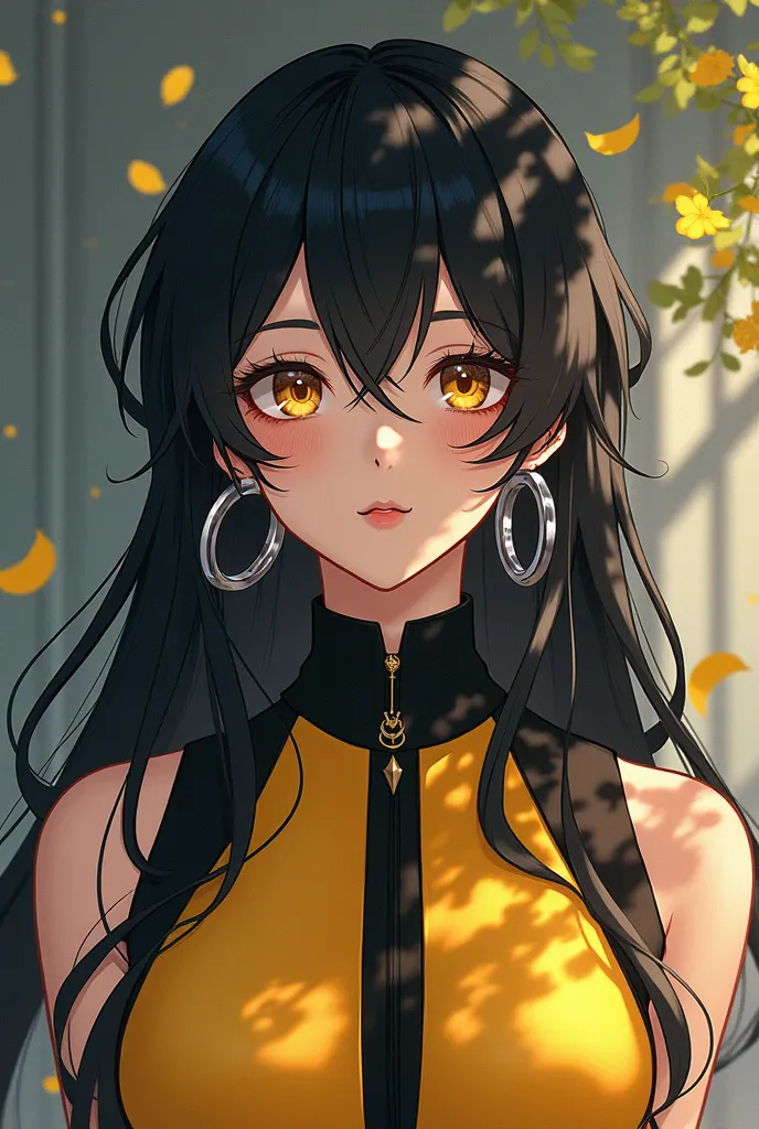 Drawing Japanese anime style. Young ISTP with long hair, wearing yellow and black dresses, wearing silver hoop earrings. Cool and handsome style, but with a latent pure transparency. 