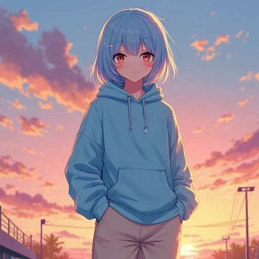 I want to make my own character, but draw a high school student wearing a light blue hoodie, light blue hair, and beige pants like an anime and against a background where the sun is setting