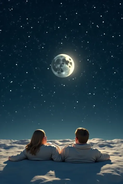 Create an image of a starry night with two people lying on the moon 