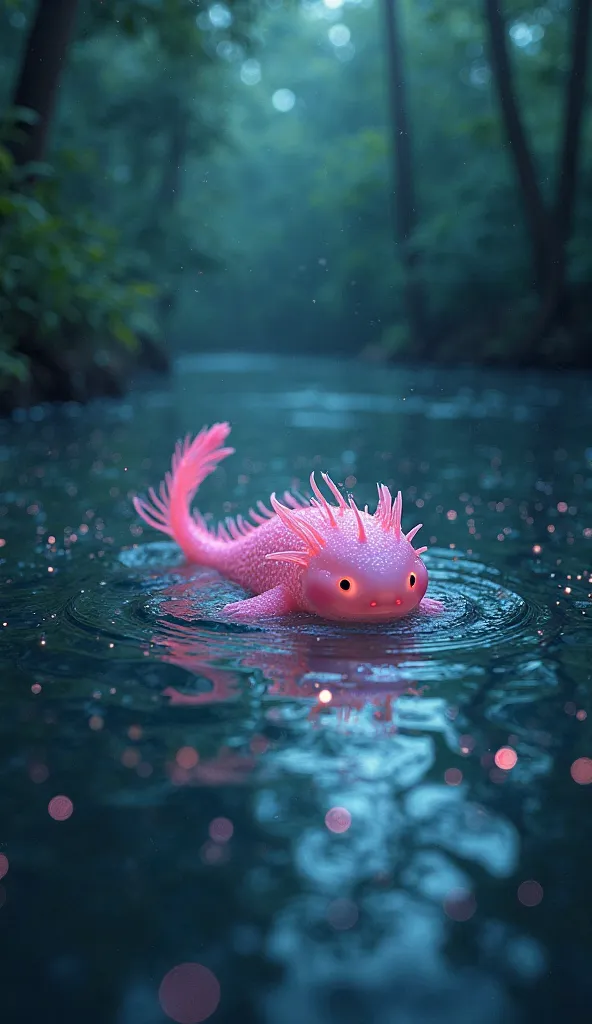 "A mythical axolotl glowing in a deep forest lake at twilight, its pink body shimmering with bioluminescence. The water has a magical, surreal aura with tiny glowing particles floating around."