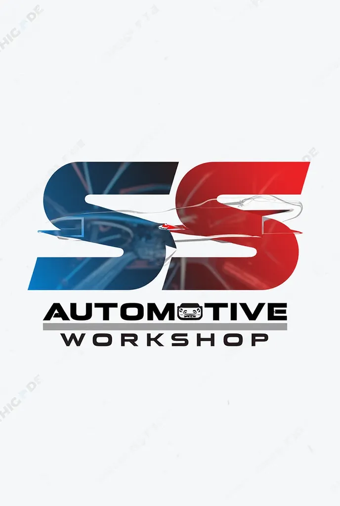 Create a logo for the SS AUTOMOTIVE WORKSHOP with blue colors, negro, red,  gray and white , Highlight the text AUTOMOTIVE WORKSHOP