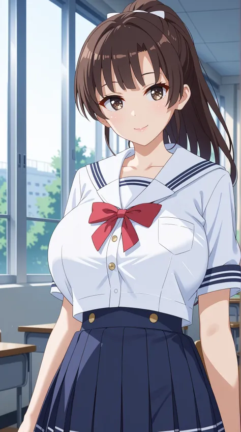 (UHD, retina, masterpiece, accurate, anatomically correct, super detail, high details,   highres, 1080P, 16k、high detail RAW color art:1.3)、 (megumi katou:1.3)、(long hair, ponytail, brown hair, brown eyes:1.3)、(very gigantic breasts:1.5)、(shiny skin:1.3)、(...