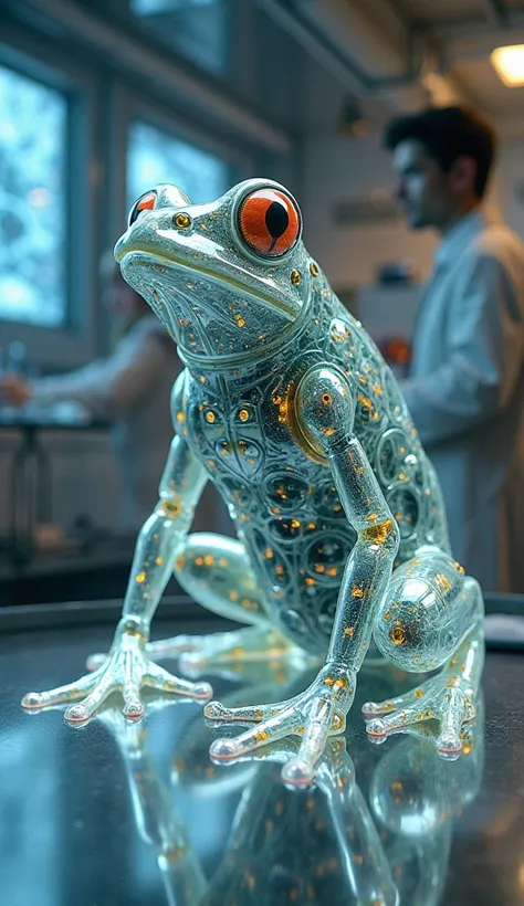 "A futuristic glass frog with a cybernetic-enhanced body, half-organic and half-transparent robotic structure, showcasing the next stage of evolution. The background is a high-tech lab with scientists observing on floating holographic screens."