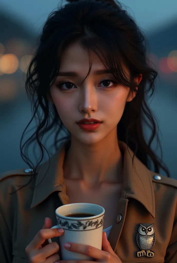 Hyper realistic person. Beautiful Woman. Wearing jacket. With Owl Logo and MNO word under it on the right side of the chest. Asian-looking. With night background. holding coffee mug. Portrait shot. Natural light