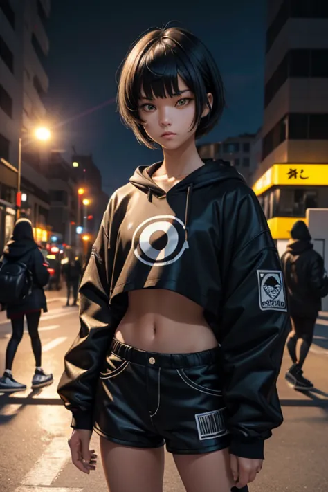  High Resolution,  boyish,   1 girl,  black hair, Sporty shortcuts,   asymmetrical hairstyle  ,  Asymmetrical bangs,   yellow eyes,  There are three circles in the middle of the eye,  Skater Style Street Fashion, slightly oversized bottoms, standing, futan...