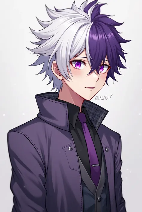 Create an image of my character, He will have a more anime style. My character has white and purple hair spiked, a lock of that hair will be over his forehead highlighting the look and he has heterochromia, he's calm and shy and he's not to laugh a lot, hi...