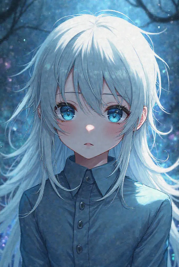 A boy anime character,  with white hair,  long hair and blue eyes .