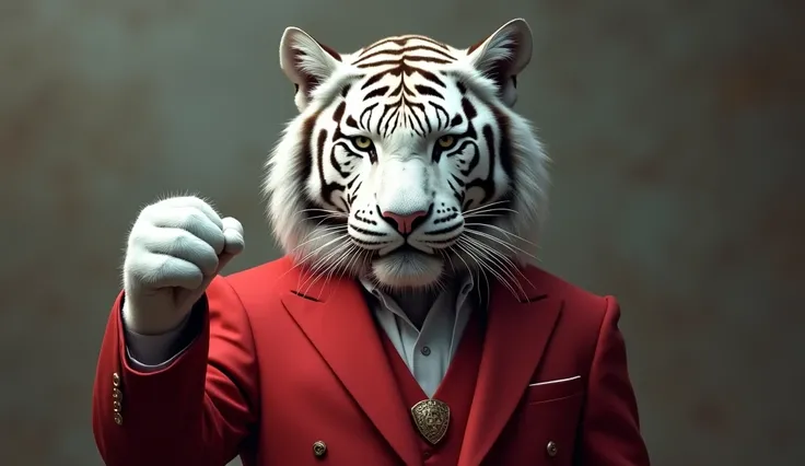 I want a white tiger in a red suit with a finger pointed up