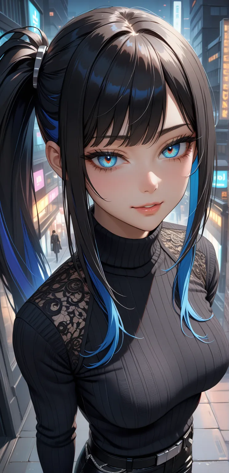 Close up, upper body, Random Sexy pose , ((Ultra detailing)), ((very aesthetic, best quality, ultra detailed)), intricate details, 1girl, ((long hair, Black hair, Side ponytail, blue inner hair)), ((Multi colour eyes)), ((Detailed eyes)), ((Beautifull eyes...