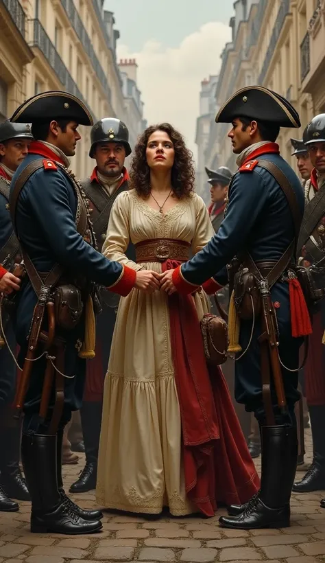 A scene of detailed realism, with Olympe de Gouges in the center being stopped by revolutionary soldiers. Their expression reflects dignity and challenge, while their hands are tied with rustic strings. The soldiers uniform, their weapons and the texture o...