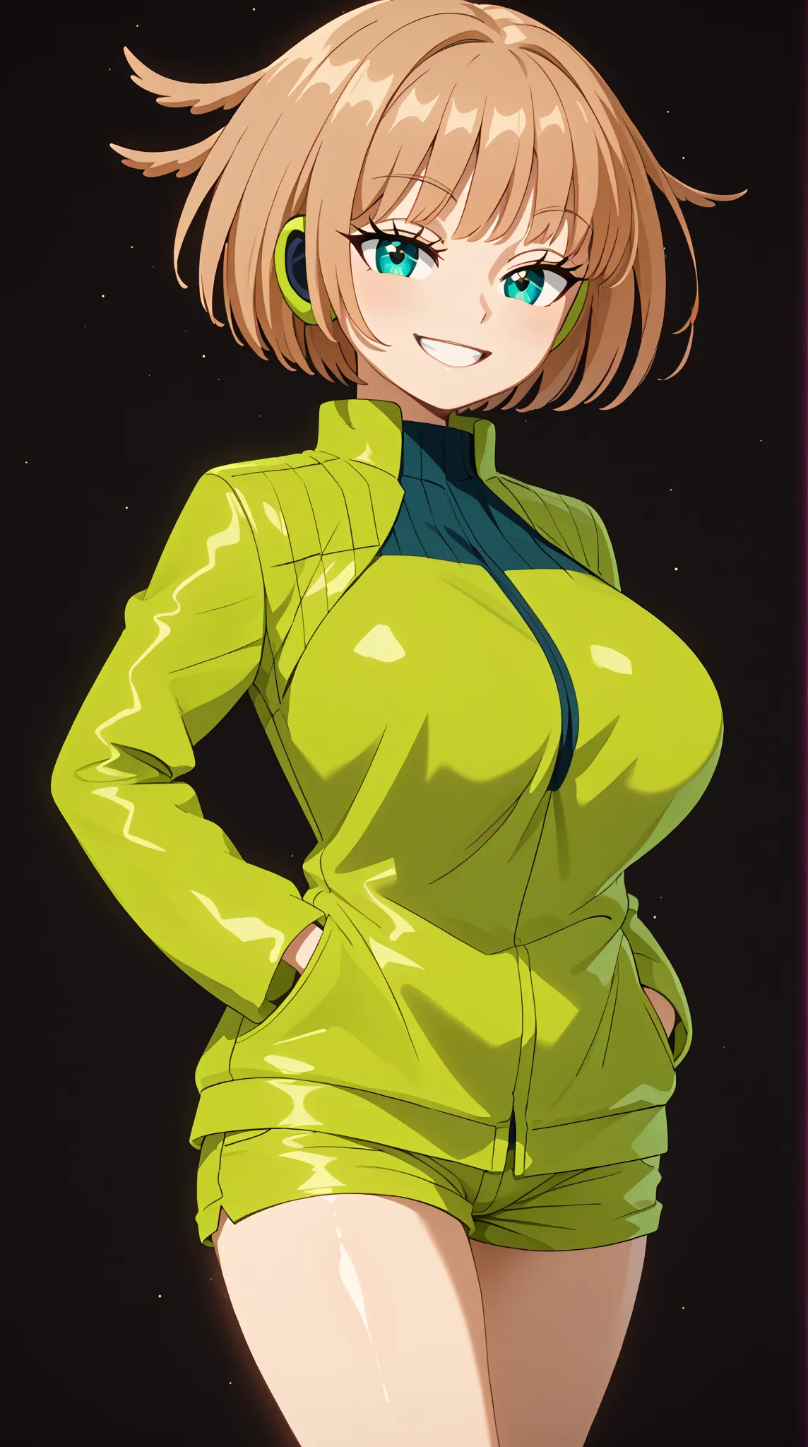 (UHD, retina, masterpiece, accurate, anatomically correct, super detail, high details,   highres, 1080P, 16k、high detail RAW color art:1.3)、(Kirie Konami ai:1.3)、(short hair、light brown hair、bangs、green　Eye  1.3)、(very gigantic breasts:1.3)、(shiny skin:1.3...