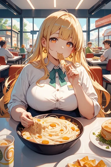 Anime style, a cheerful college girl with yellow long hair flowing freely, amber eyes, wearing casual shirt, cosmic obese, sunlit university cafeteria with bustling students, eating giant giant giant creamy pasta with extra cheese, 