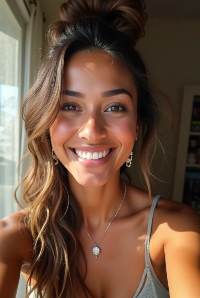 A stunning Brazilian woman with long wavy hair,  tanned skin and a radiant smile , she is at home with her hair tied in a bun, Taking a selfie.  The day is sunny . The photo quality is from a Sansumg A54 cell phone. Very homemade photo,  realistic photo.